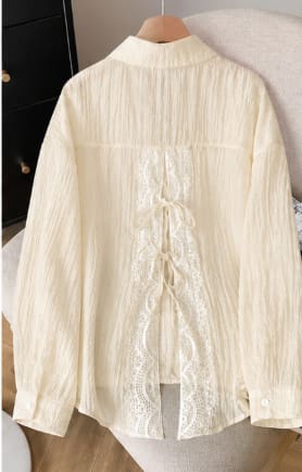 Women Lace Back Tie Blouse – Long Sleeve Textured Shirt – Elegant Casual Top