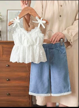 Girls White Lace Cami and Denim Wide-Leg Pants Set – SHEIN Fast Delivery in 5 Days