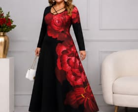 Women Elegant Maxi Dress – Black Dress with Red Floral Print – Long Evening & Party Dress