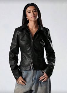 Women’s Black Fitted Leather Jacket – Zip Front Slim Fit Casual Biker Style