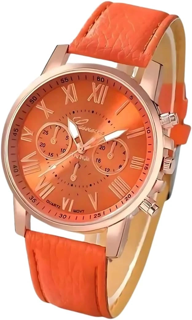 Women’s Orange Strap Watch with Orange Dial and Rose Gold Case