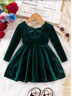 Girls Velvet Party Dress – Long Sleeve Winter Baby Dress with Bow Back – Dark Green