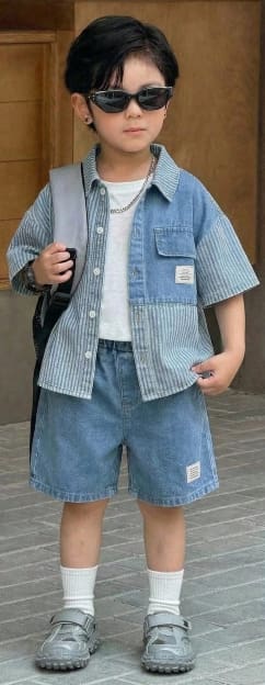 Kids Denim Two Piece Outfit, Short Sleeve Patchwork Button Shirt and Matching Denim Shorts Set