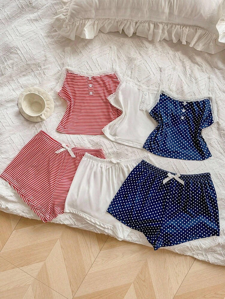 Women’s 3 Pack Lace Trim Pajama Shorts Sets – Red Stripe, White & Blue Polka Dot Cami Sleepwear Bundle