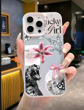 iPhone 16 Lucky Girl Phone Case with Pink Flower Disco Ball and Leopard Print Design
