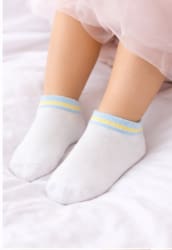 Girls Ankle Socks – White Short Socks with Sky Blue and Yellow Trim