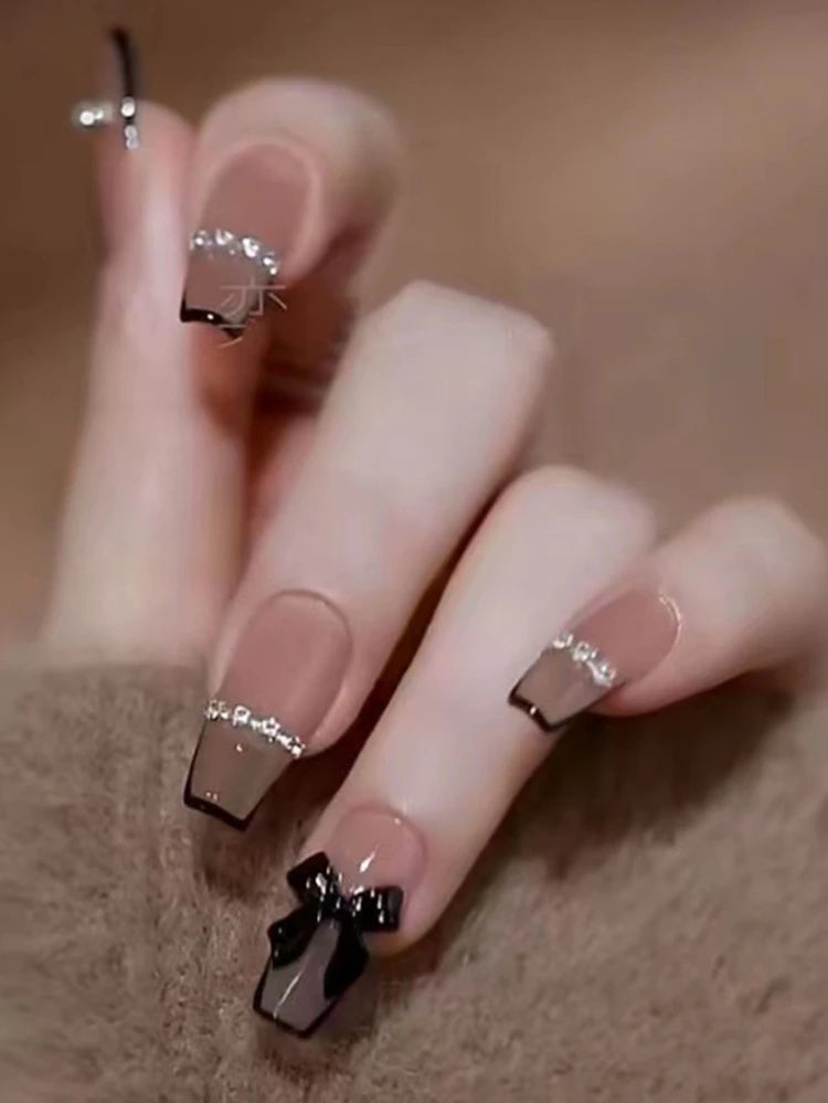 24PCS Nude French Black Bow Press On Nails – Rhinestone Line Design