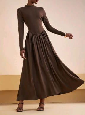 Women’s Brown Long-Sleeve Drop-Waist Maxi Dress