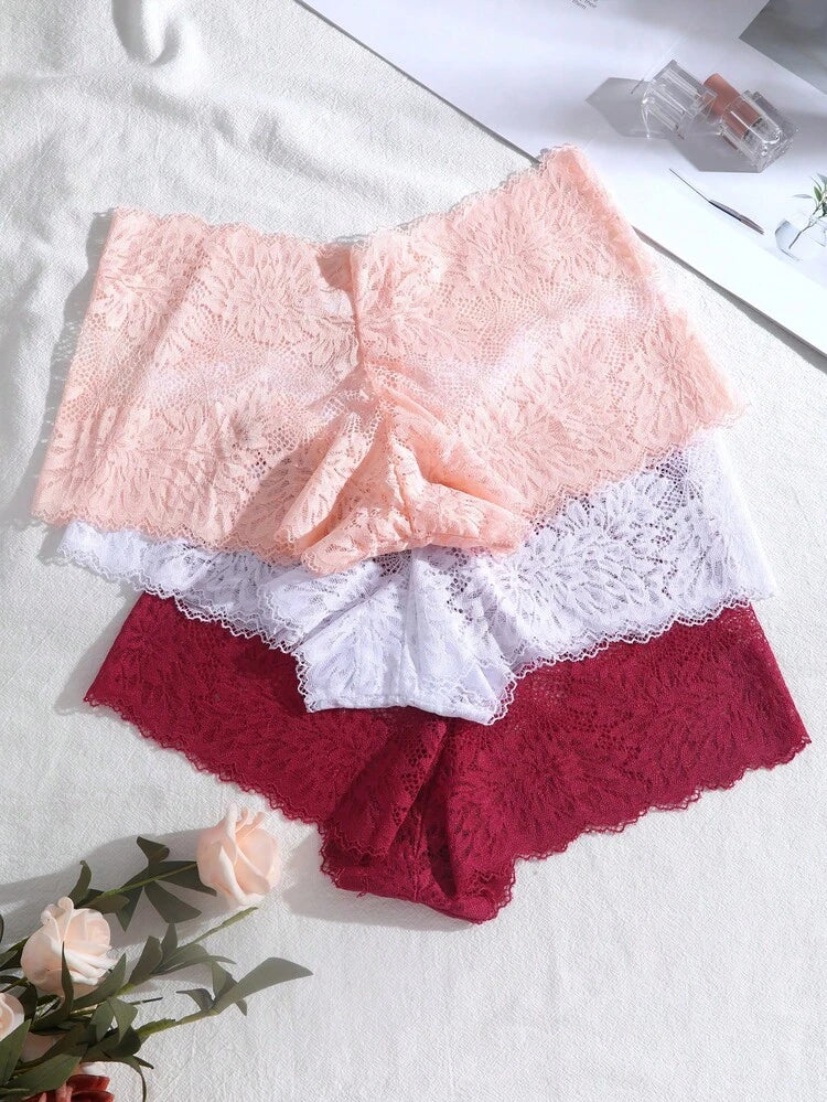 3-Pack Floral Lace Boyshort Panties for Women – Soft Stretch Lingerie – Full Lace Briefs – Shein Style Underwear Set