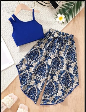 Girls Blue One-Shoulder Top and Printed Wide-Leg Pants Set – SHEIN Fast Delivery in 5 Days