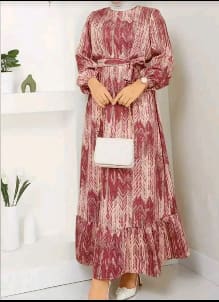 Printed Modest Maxi Dress with Waist Belt – Long Sleeve Flowing Women’s Dress – Rose Pink Pattern