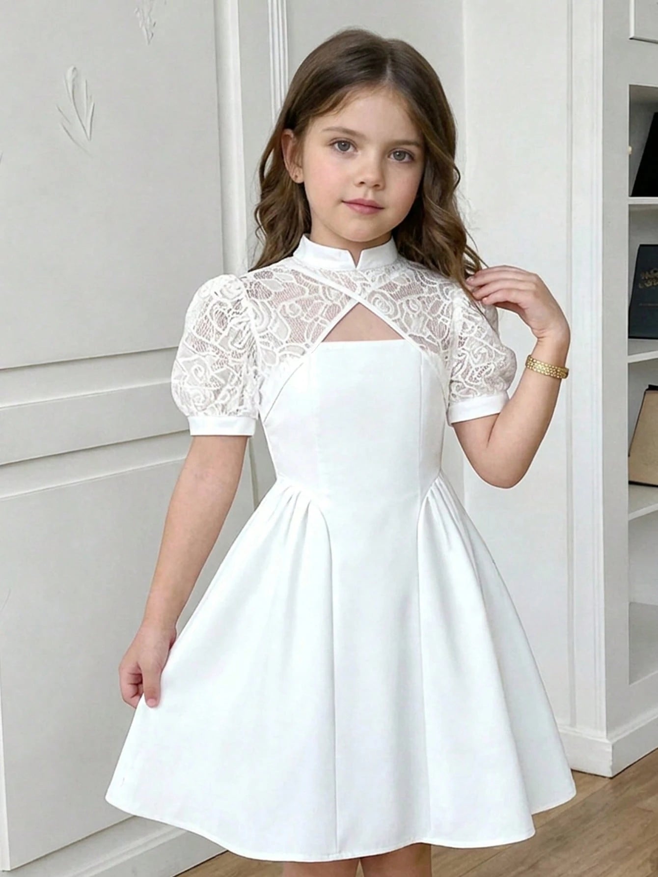 Girls’ White Lace Party Dress – Short Sleeve Princess Dress – Elegant Occasion Outfit for Kids