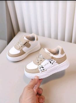 Kids Beige Cartoon Sneakers – Velcro Casual Sport Shoes