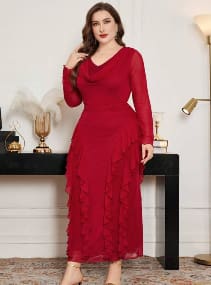 Red Chiffon Maxi Dress – Elegant Long Sleeve Ruffle Evening Dress