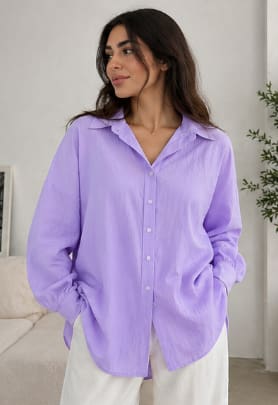 Women's Oversized Lavender Button Front Shirt – Casual Long Sleeve Relaxed Fit Blouse