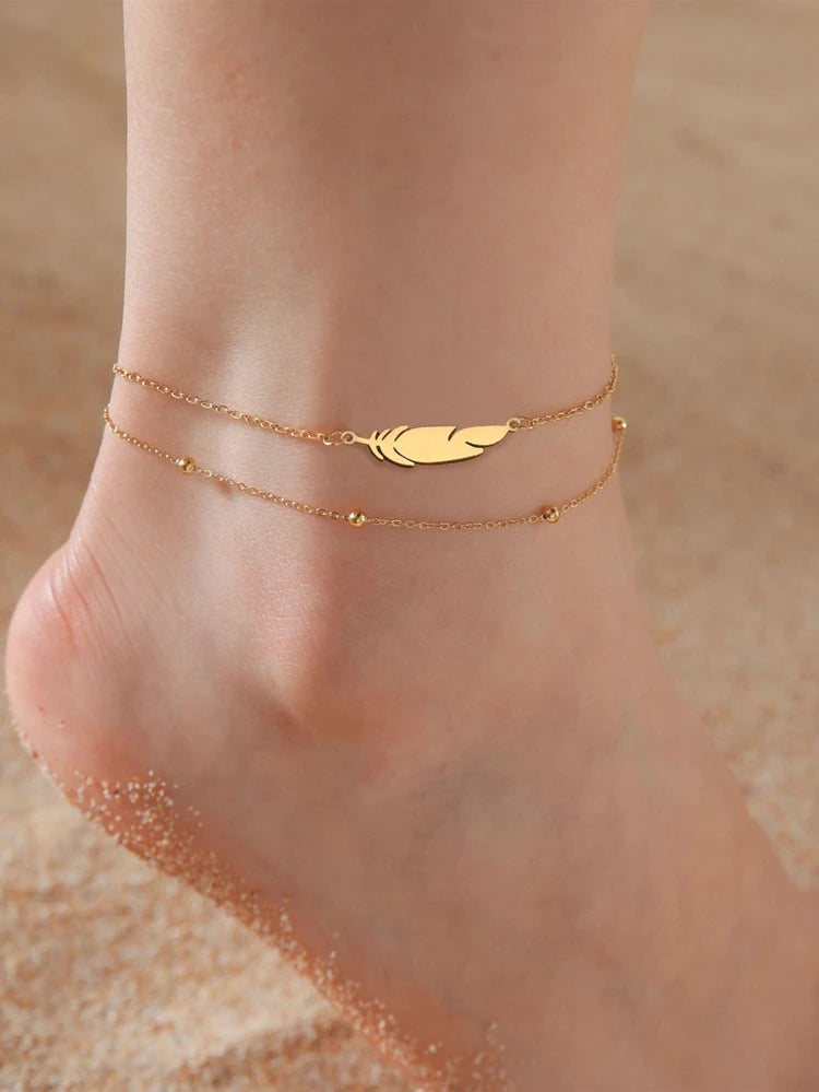 Gold Feather Double Layer Anklet – Minimalist Beaded Chain Ankle Bracelet for Women