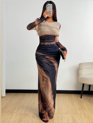 Women’s Abstract Printed Long Sleeve Maxi Dress – SHEIN Fast Delivery in 5 Days
