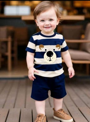 Boys Navy Striped Bear T-Shirt and Shorts Set – SHEIN Fast Delivery in 5 Days