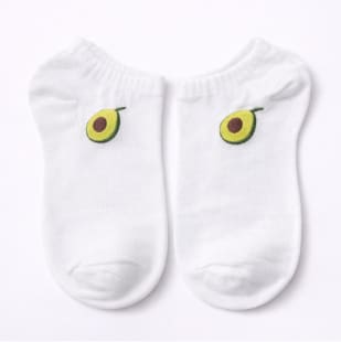 Cute Avocado Embroidered Ankle Socks for Women – Soft Stretch Casual Low Cut Socks – White