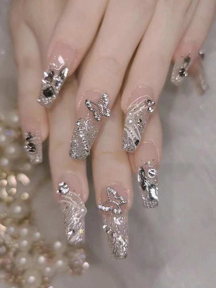 30PCS Silver Glitter Butterfly Crystal Press On Nails – Long Coffin