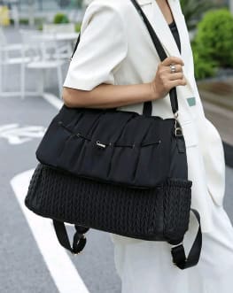 Large Black Quilted Maternity Diaper Bag Backpack – Multi Pocket Baby Travel Bag – Stylish Mom Shoulder Bag