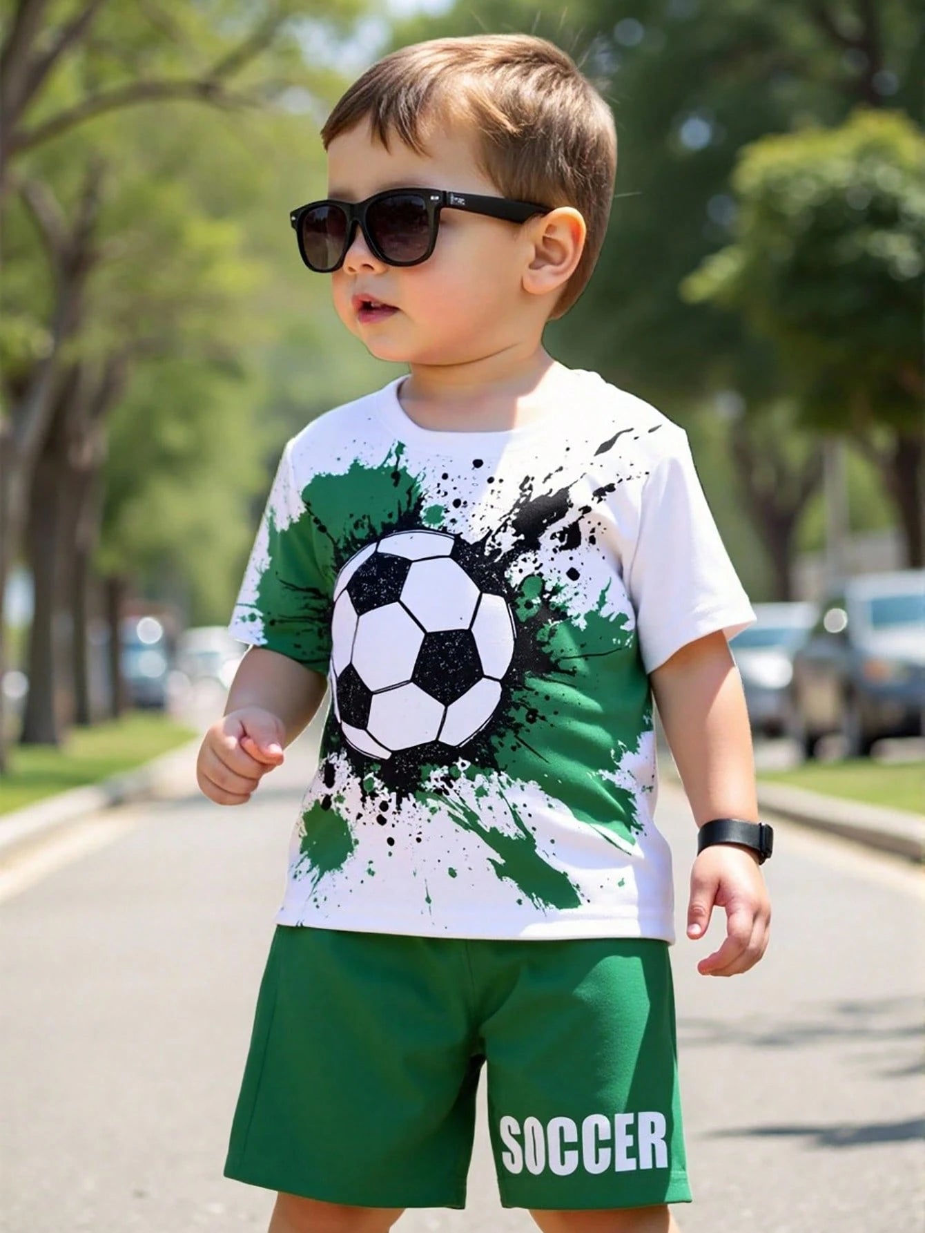 Kids Soccer Two Piece Outfit, Graphic Football T-Shirt and Green Shorts Set
