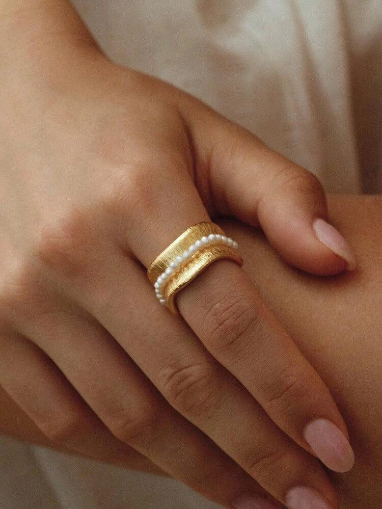 Women Gold Pearl Ring – Elegant Layered Adjustable Ring