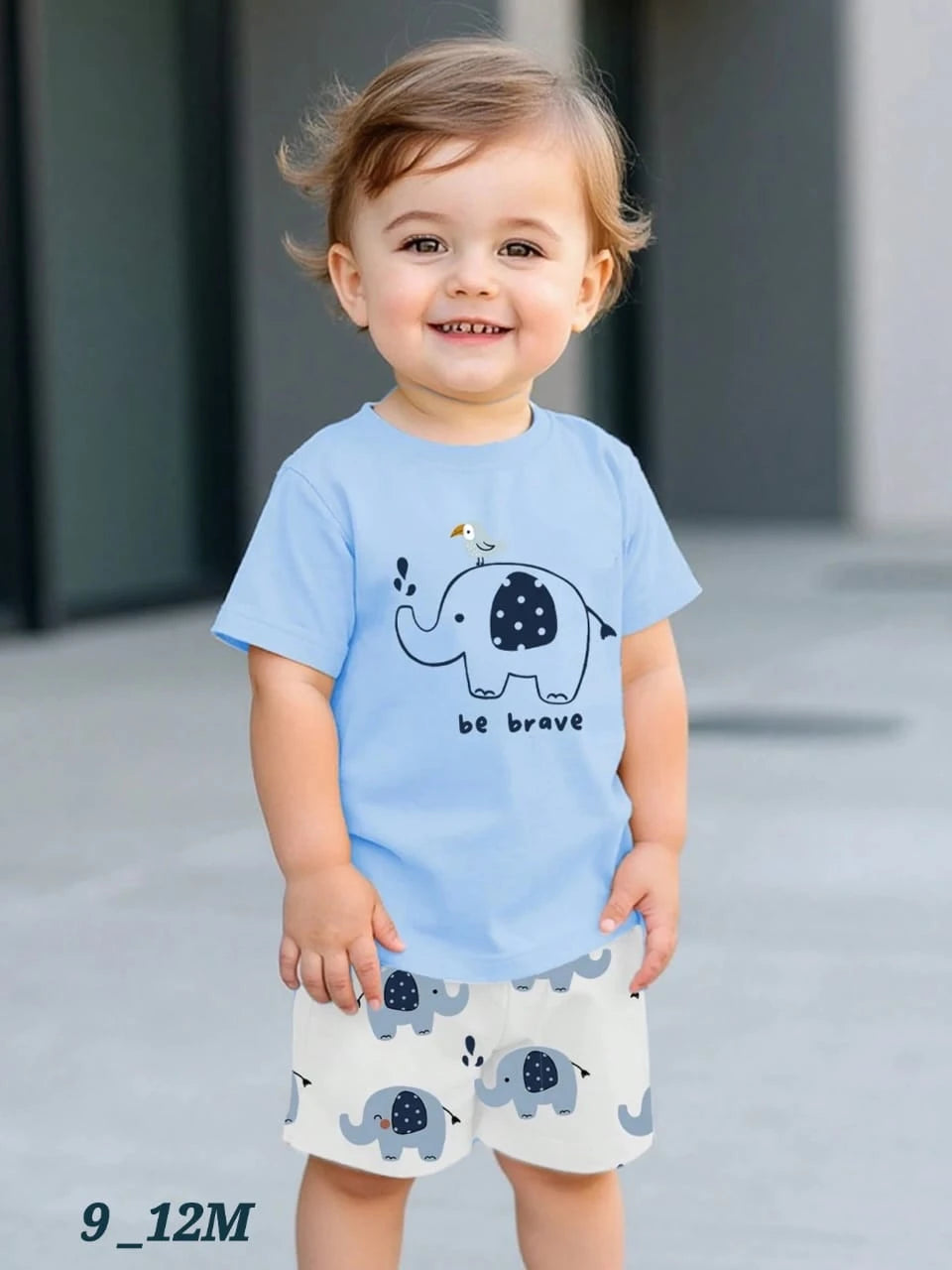Baby Boys Summer T-Shirt & Shorts Set – Cute Elephant Print – Soft Cotton