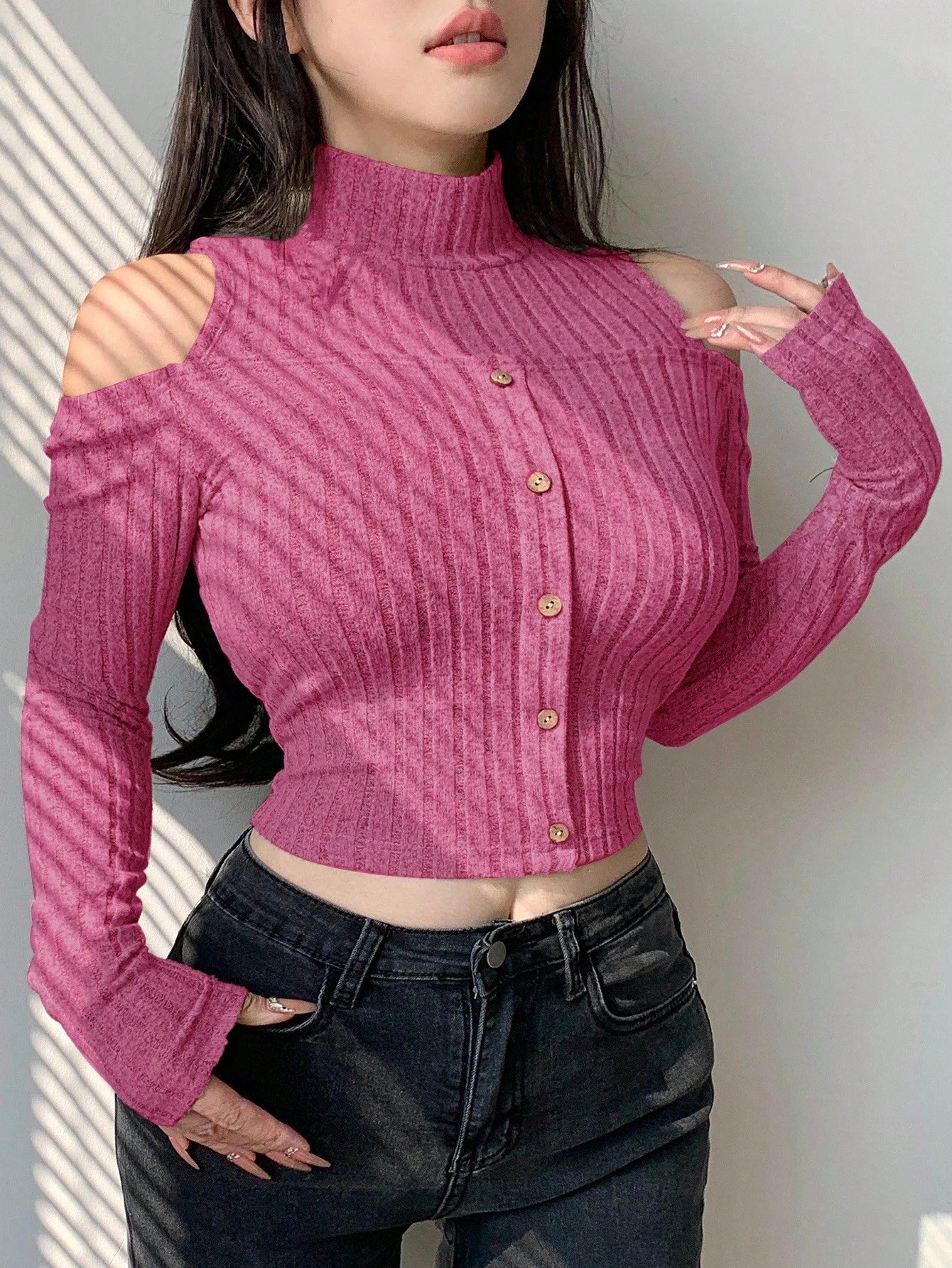 SHEIN Women’s Pink Cold Shoulder Ribbed Crop Top