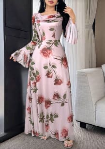 Rose Print Maxi Dress – Pink Elegant Long Sleeve Women Dress