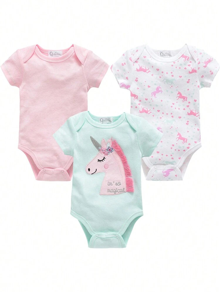 Baby Girls 3-Pack Short Sleeve Bodysuits – Unicorn Print & Applique Cotton Onesie Set
