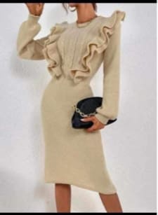 Women’s Ruffle Knit Midi Dress – Cable Front Long Sleeve Slim Fit Elegant Sweater Dress