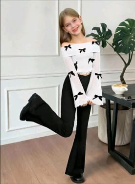 Girls White Bow Off-Shoulder Top and Black Flared Pants Set – SHEIN Fast Delivery in 5 Days