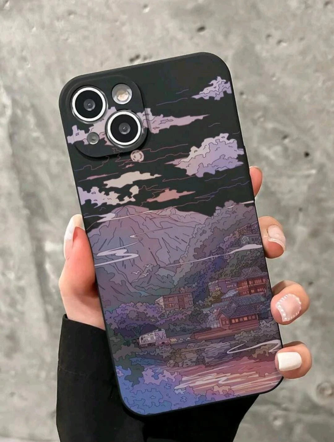 Phone Case – Matte Finish with Scenic Mountain Cartoon Design – Shockproof & Sty