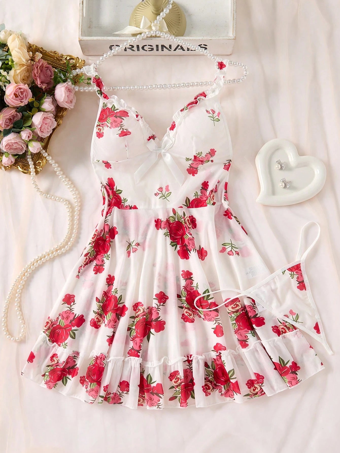 SHEIN White Floral Mesh Cami Nightdress Set - SHEIN Fast Delivery in 5 Days