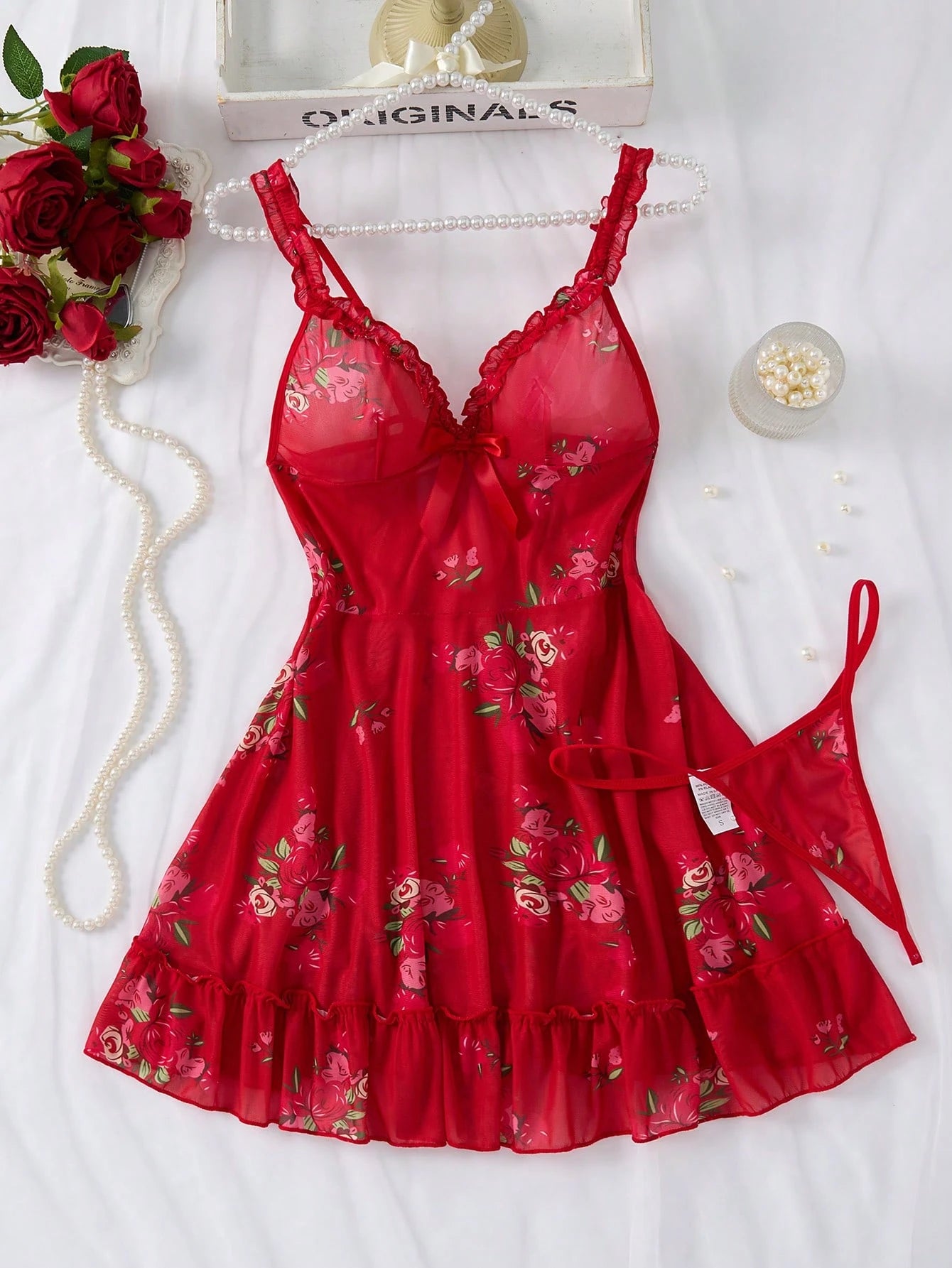 SHEIN Red Floral Mesh Cami Nightdress Set - SHEIN Fast Delivery in 5 Days