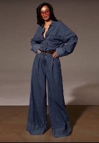 Oversized Denim Shirt & Wide Leg Jeans Set – Navy Blue High Waist Casual Outfit for Women
