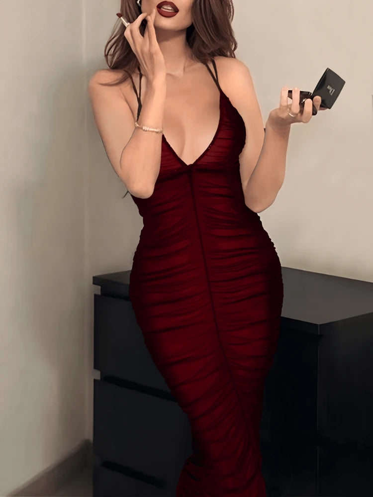 Red Ruched Mesh Bodycon Maxi Dress – Deep V Sleeveless Evening Party Dress for Women