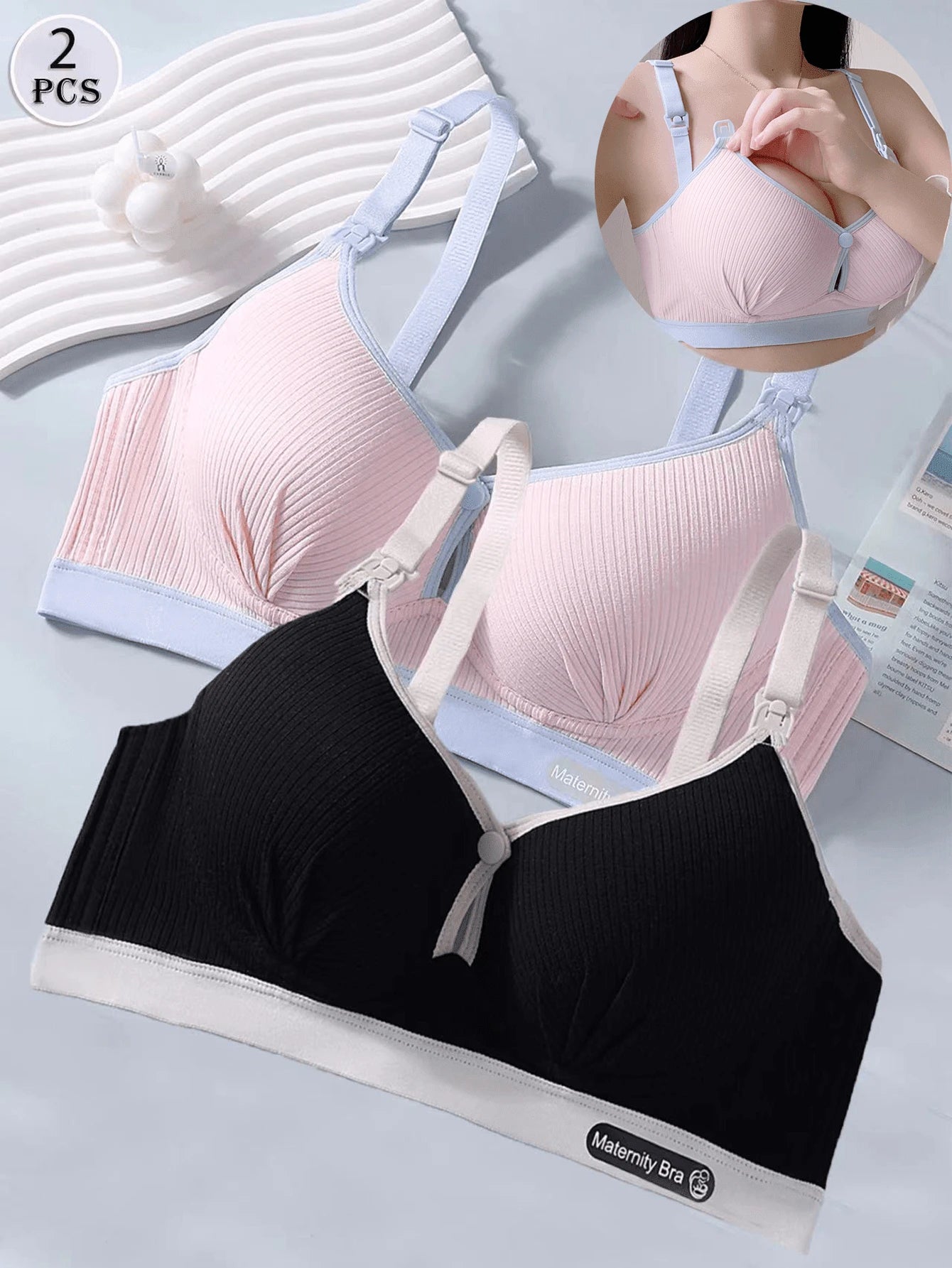 Women’s Ribbed Nursing Bra 2 Piece Set – Wireless Maternity Feeding Bra – Soft Stretch Front Clip Breastfeeding Bra Pack