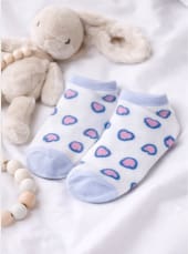 Girls Ankle Socks – White Short Socks with Blue and Pink Heart Print