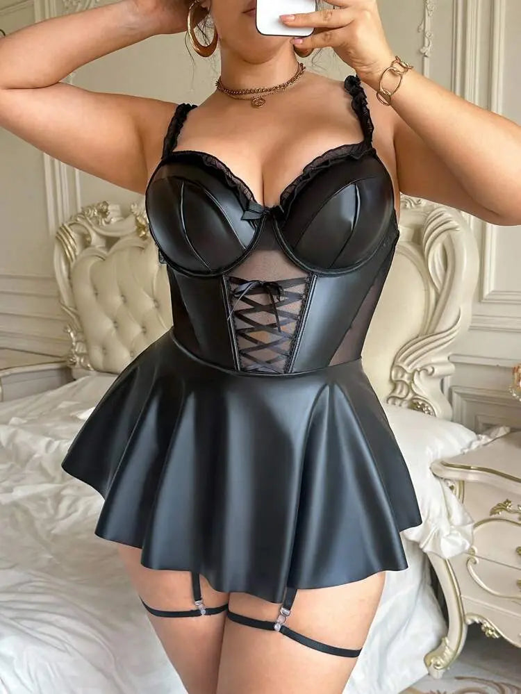 Women Black Faux Leather Corset Dress with Garters – Shein Style Lingerie Dress