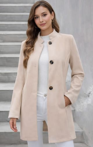 Beige Stand Collar Longline Coat – Elegant Button Front Winter Jacket for Women