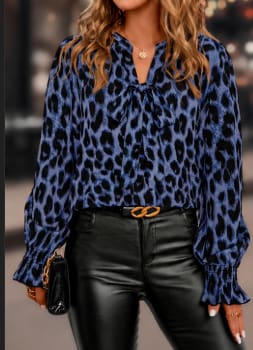 SHEIN Women’s Blue Leopard Print Tie Neck Blouse – Long Sleeve Elegant Top, SHEIN Fast Delivery in 5 Days