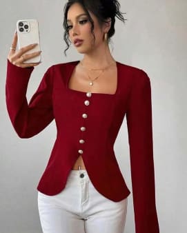 SHEIN Women’s Red Square Neck Blouse – Long Sleeve Button Front Top, SHEIN Fast Delivery in 5 Days