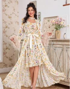 Floral Chiffon Maxi Dress Set – Elegant Long Robe with Inner Dress