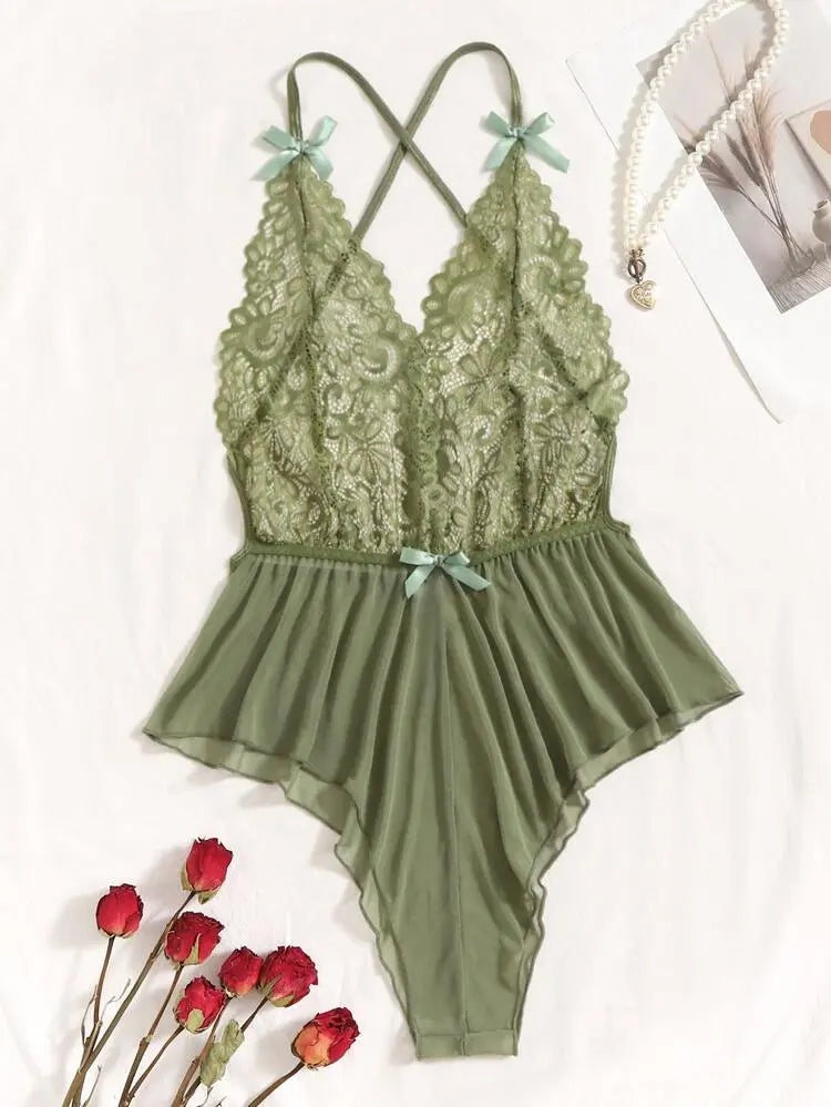Women Green Lace Cross Back Bodysuit – Shein Style Lingerie Teddy