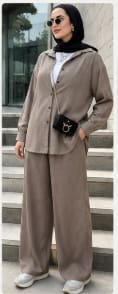Women’s Modest Two-Piece Set – Taupe Button-Up Overshirt & Wide Leg Pants – Casual Chic Outfit