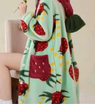Strawberry Pattern Hooded Fleece Robe – Women Warm Winter Homewear