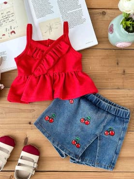 Girls Red Ruffle Top and Cherry Denim Skort Set – SHEIN Fast Delivery in 5 Days
