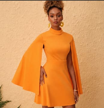 Orange High Neck Cape Sleeve Mini Dress – Elegant Statement Dress for Evening & Special Occasions